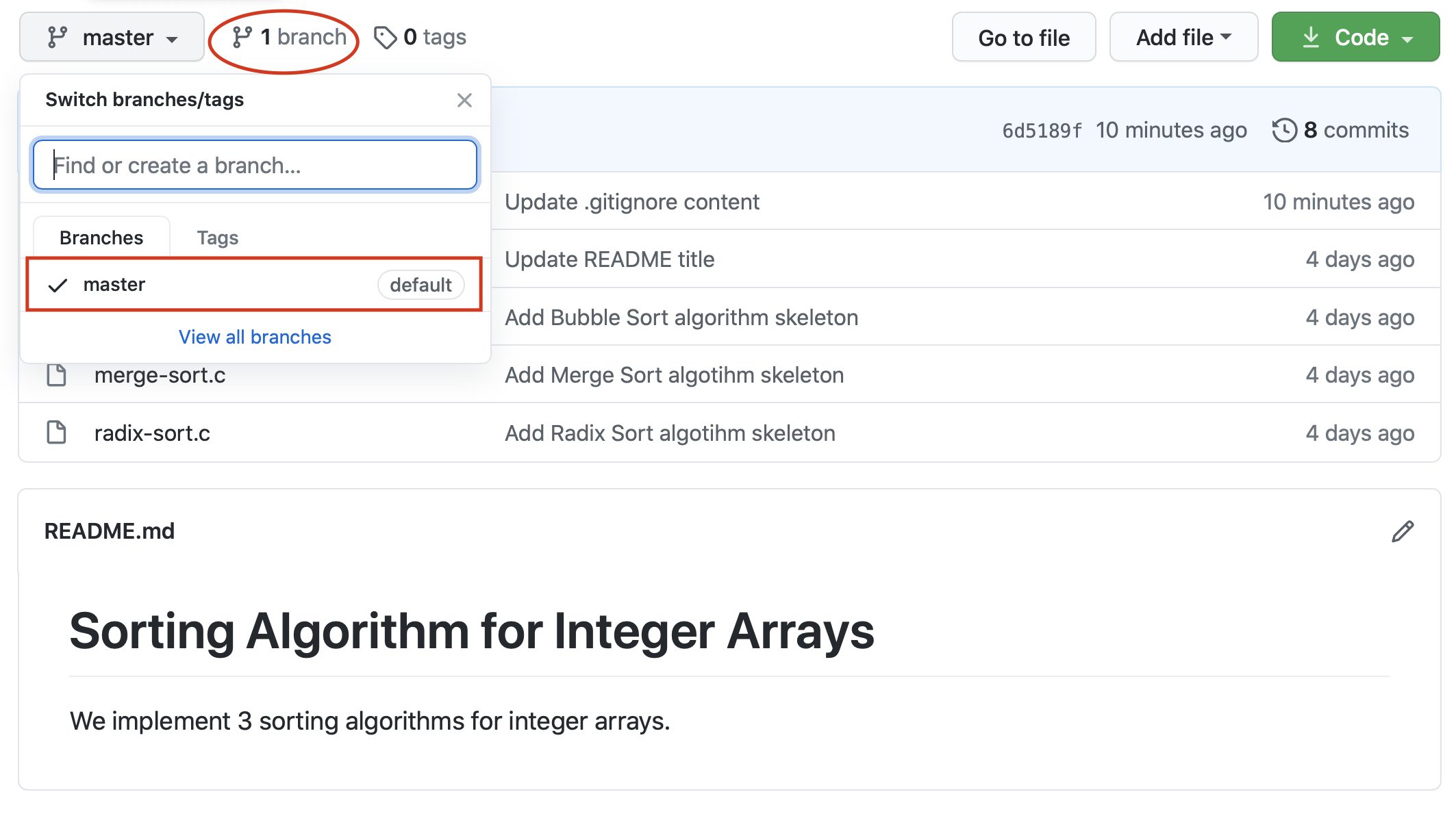 Vizualizarea branch-urilor din interfața GitHub