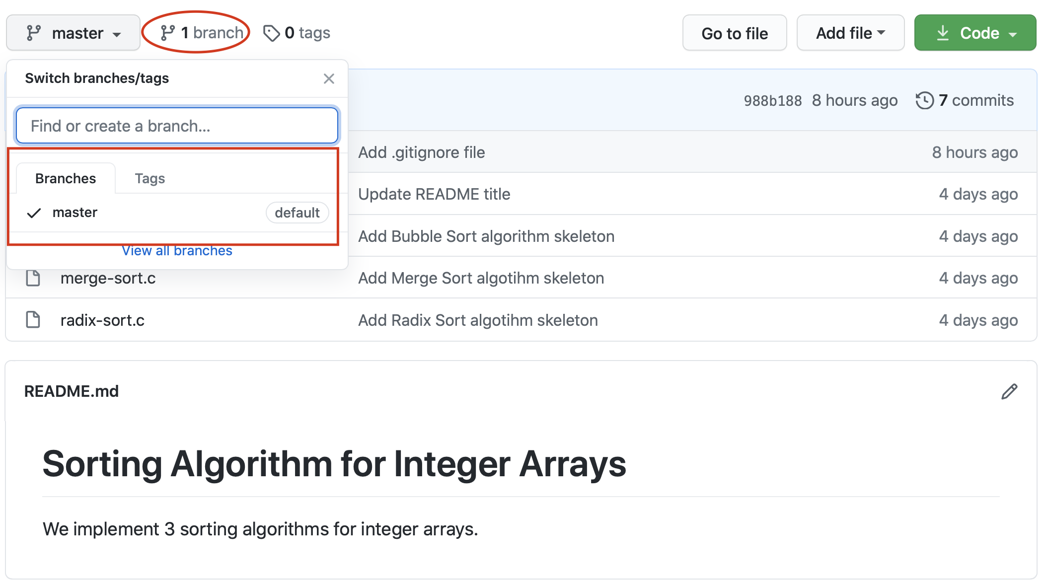 Vizualizarea branch-urilor din interfața GitHub